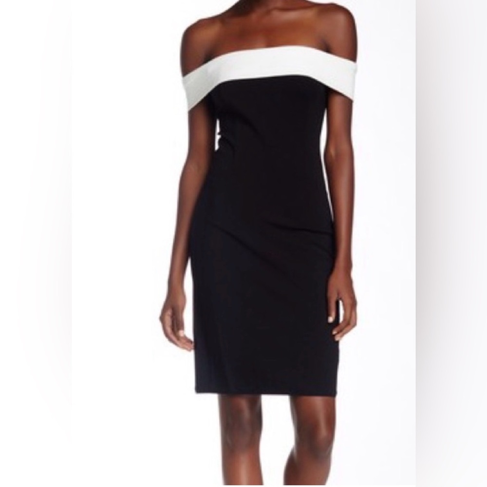 Gorgeous Halston Heritage Black off the shoulder Dress with White Satin